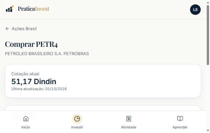 Detalhe da ação PETR4 com a cotação atual e a data da última atualização