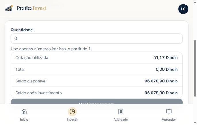 Boleta de ordem de compra com quantidade, cotação utilizada, total e saldo em Dindin